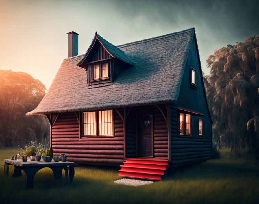 Rustic log cabin with blue roof and red stairs in serene dusk landscape