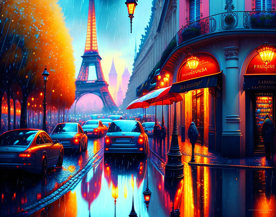 Rainy Paris evening: Eiffel Tower, wet streets, illuminated cityscape.