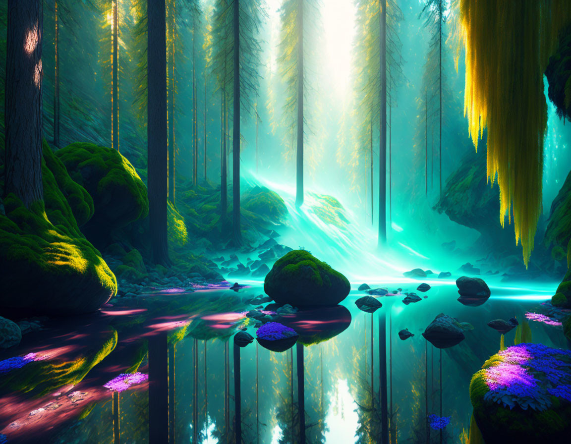 Enchanting forest scene with vibrant blue light and lush greenery