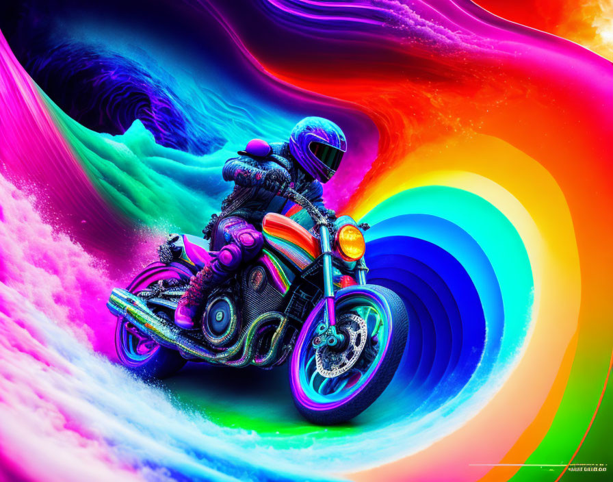 Motorcyclist in Full Gear Riding Through Vibrant Swirling Colors