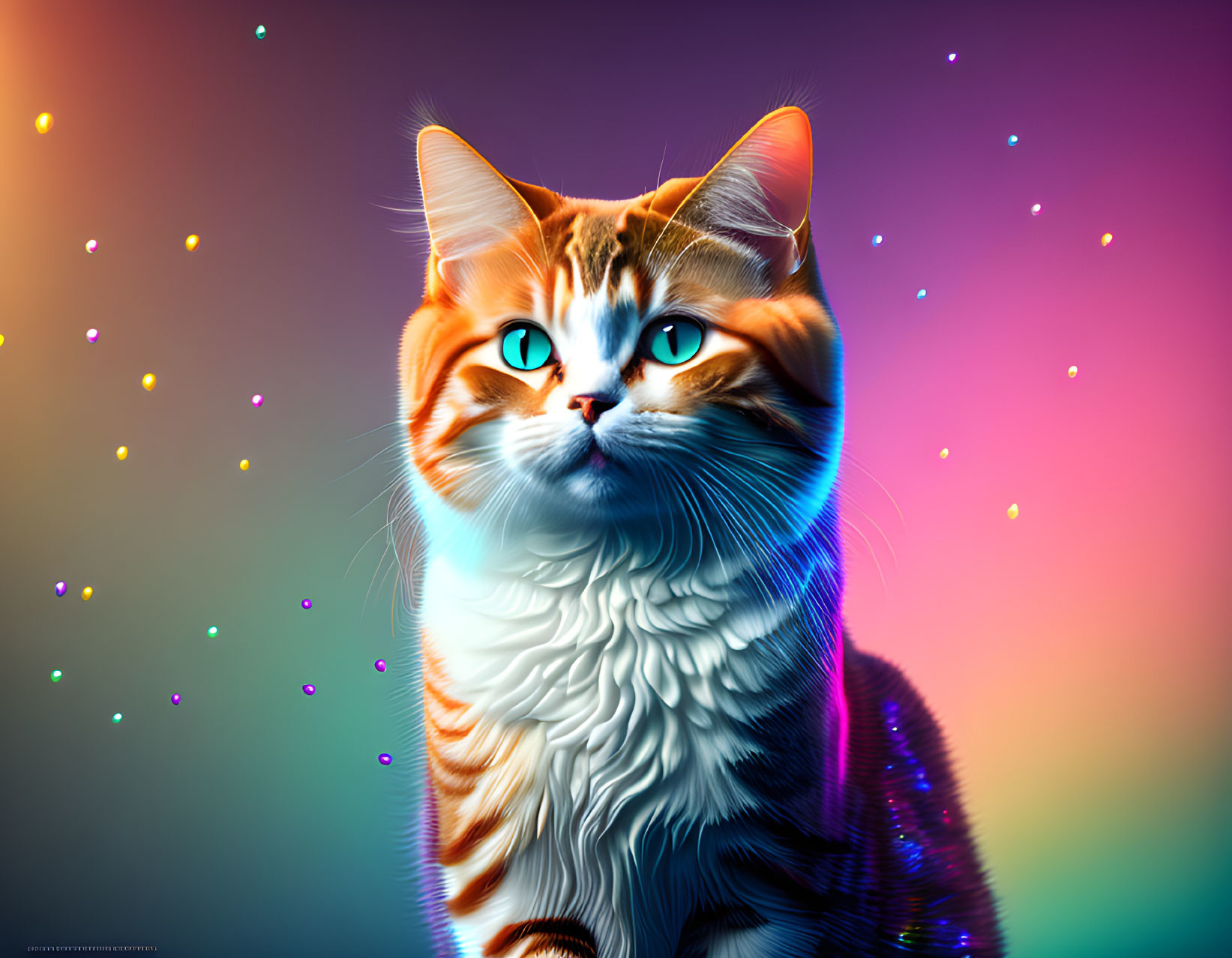 Colorful digital artwork: Orange and white cat with detailed fur on vibrant gradient background.