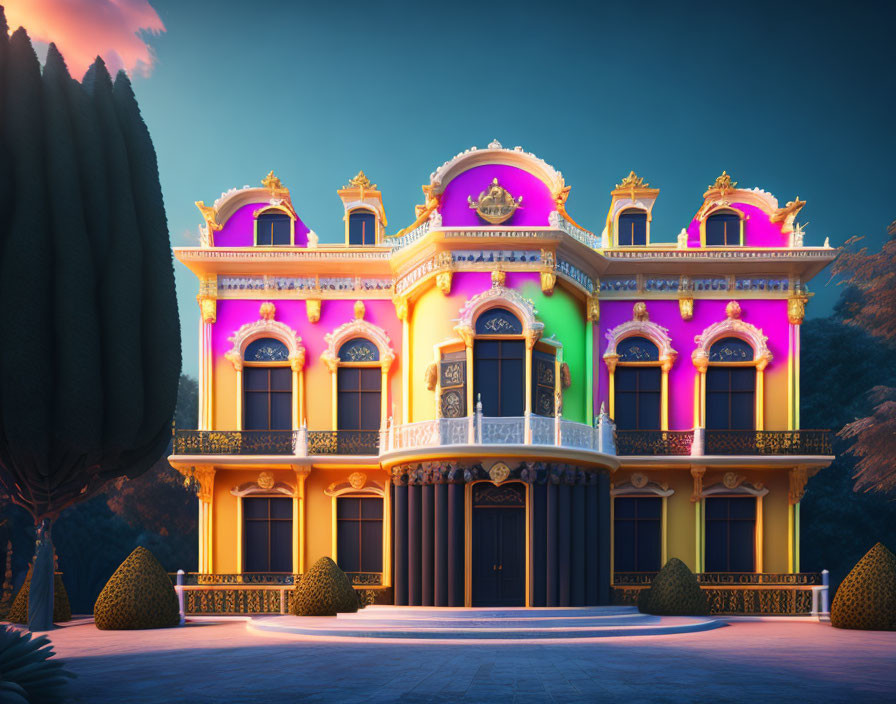 Colorful Mansion with Neon Lights and Arched Windows at Dusk