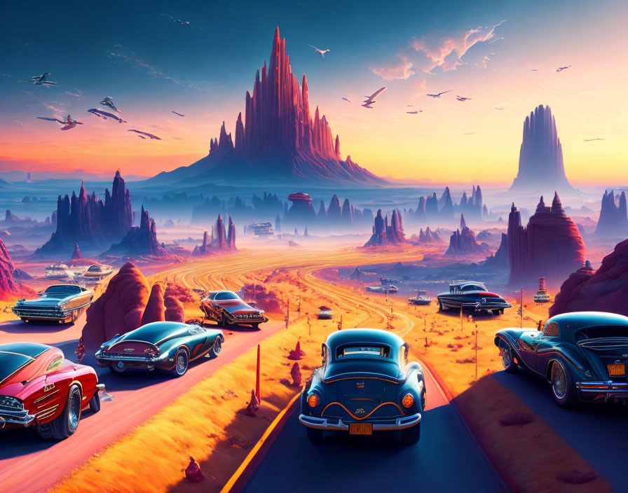 Colorful classic cars on desert road with rock formations & birds in sky