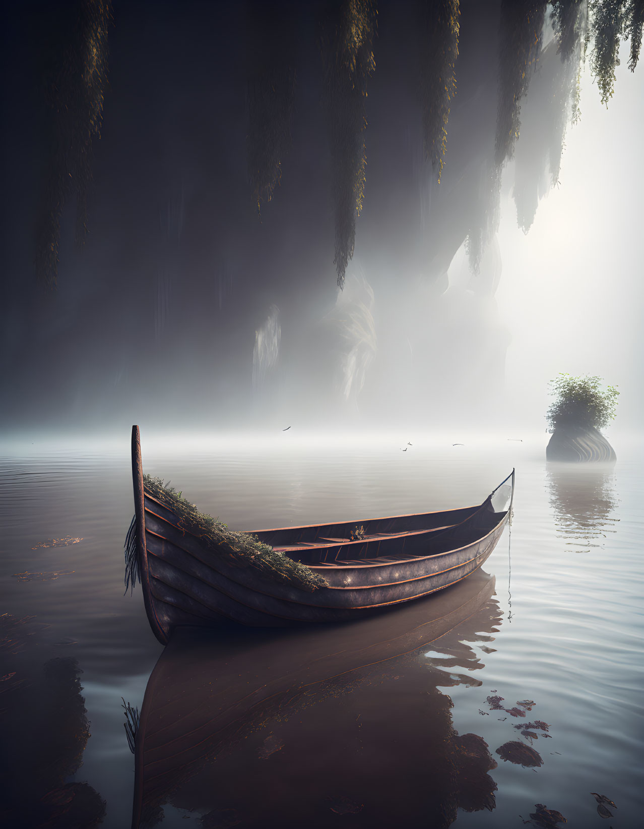 Tranquil lake scene with misty ambiance and wooden boat