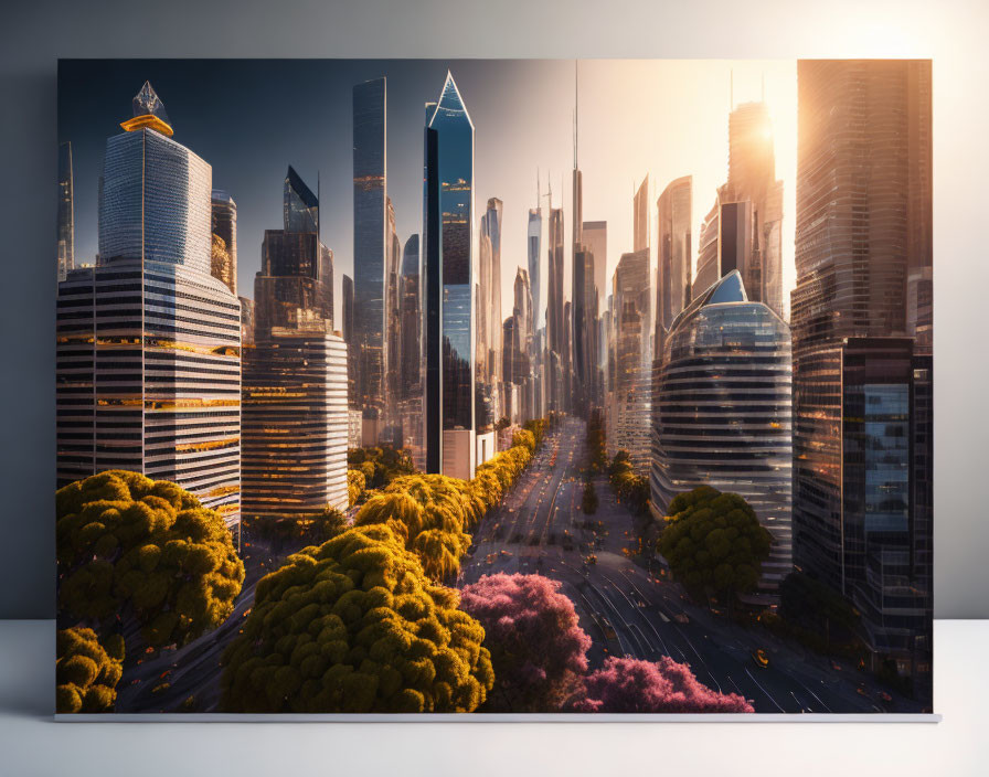 Futuristic cityscape canvas print with gleaming skyscrapers and tree-lined boulevard