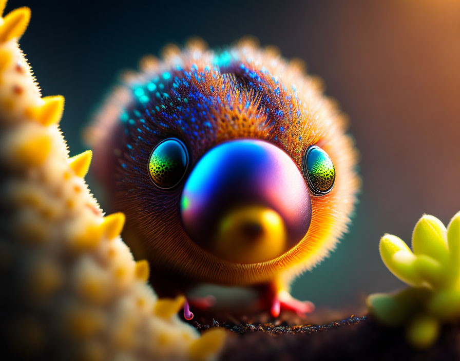 Colorful whimsical creature illustration with shiny eyes and textured fur.