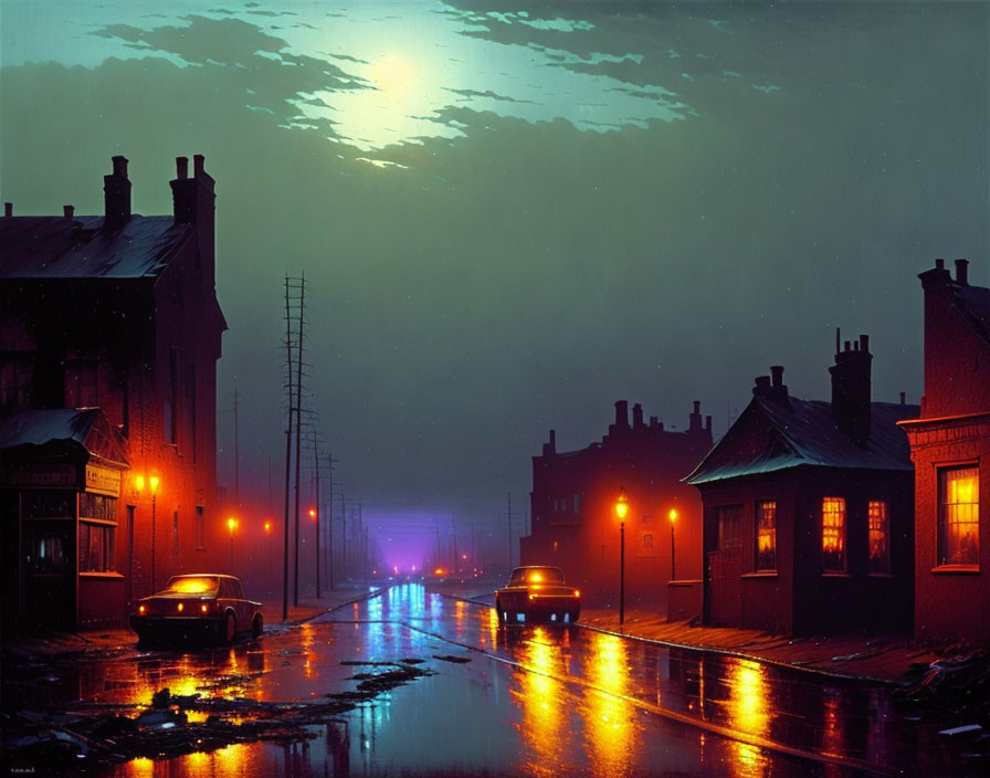 Nighttime street scene with rain-slicked roads, glowing moon, and houses under street lights