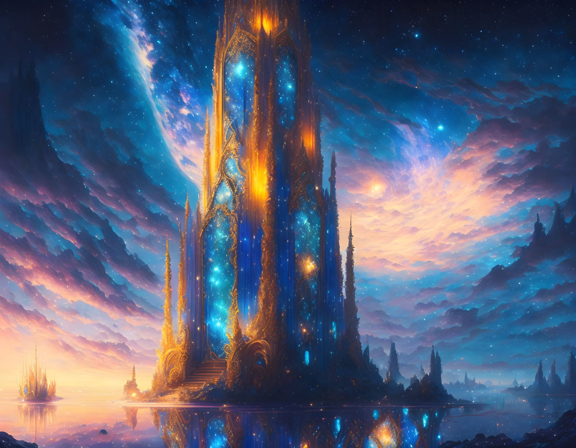 Glowing castle in celestial setting with stars, vivid colors, and tranquil water.