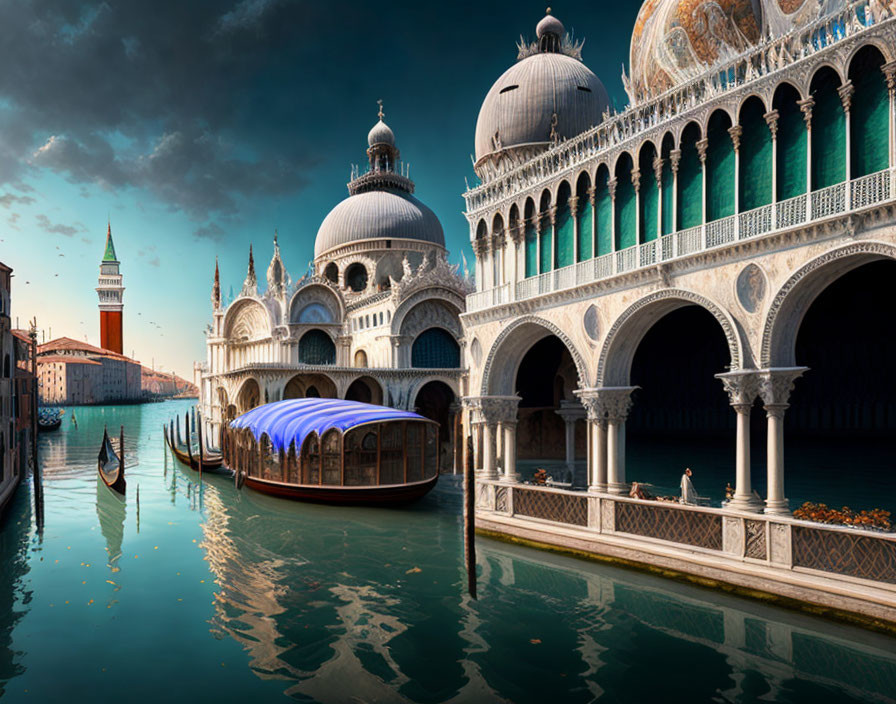 Grand Canal Venice scene with gondola, Doge's Palace, and Campanile under dramatic