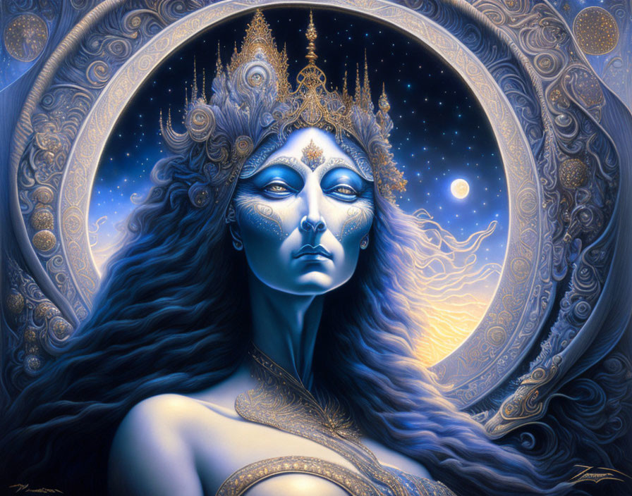 Blue-skinned woman with gold headgear in celestial setting