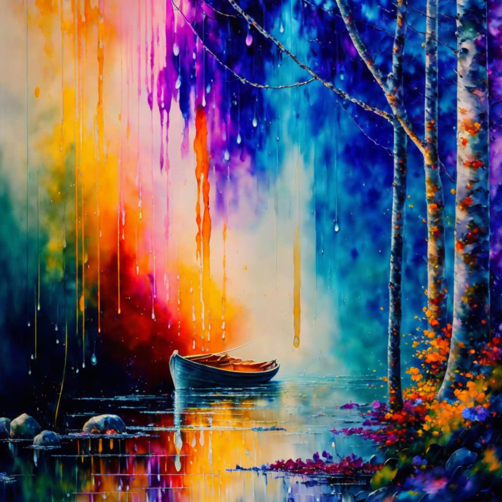 Colorful painting of boat on water with vibrant paint drips depicting forest landscape