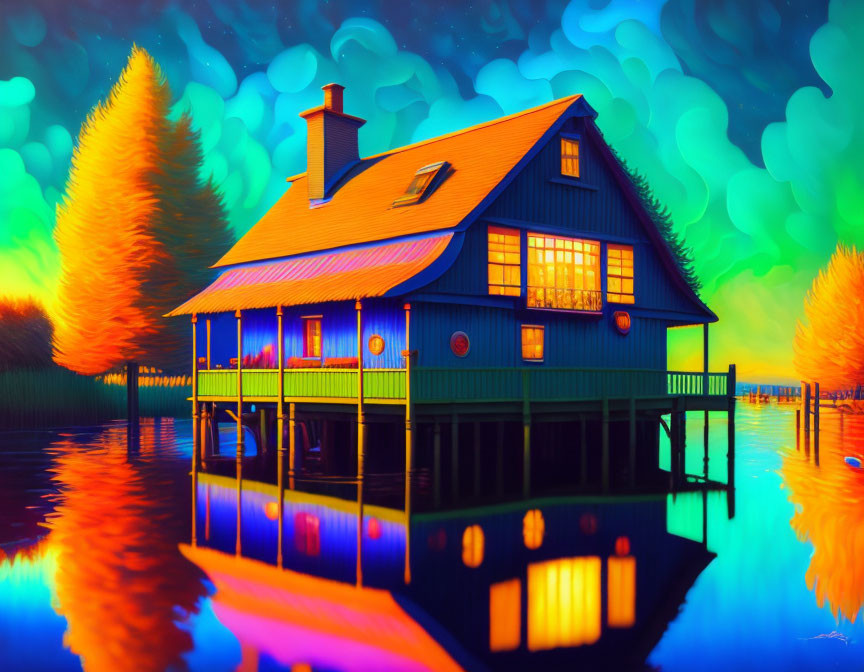 Colorful illustration: Blue house on stilts over reflective water with warm lights, dreamy trees,