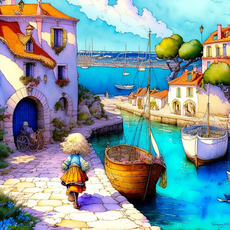 Vibrant seaside village painting with boats, cobblestone paths, and archway under blue sky