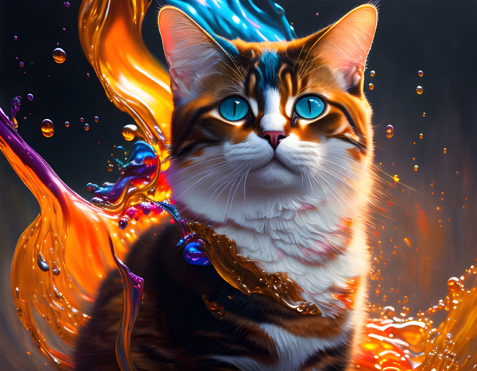 Vibrant digital art: Cat with blue eyes in orange and blue liquid splashes