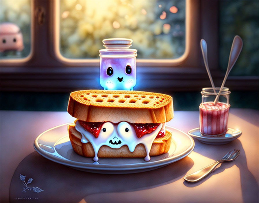 Whimsical animated breakfast items in a cozy setting