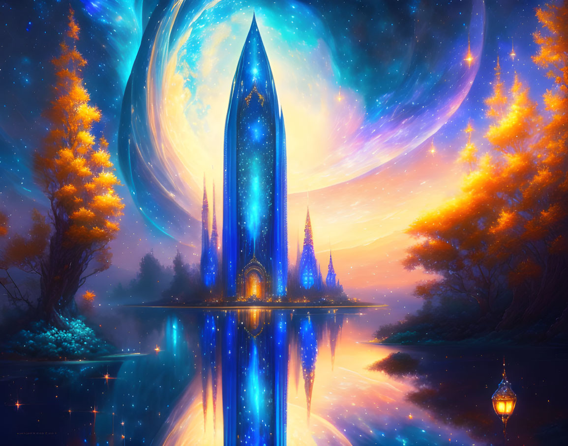 Glowing Blue Tower in Ethereal Landscape with Galaxies