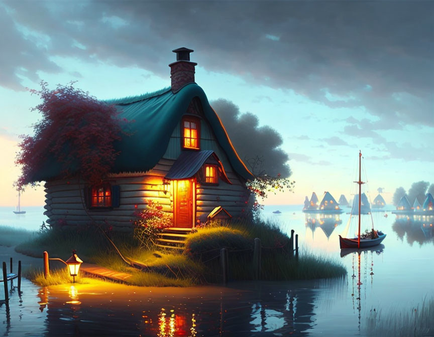 Tranquil lakeside cottage with lit chimney at dusk