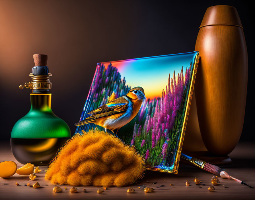 Colorful Still Life Composition with Bird Painting, Perfume Bottle, Vase, Puff, and