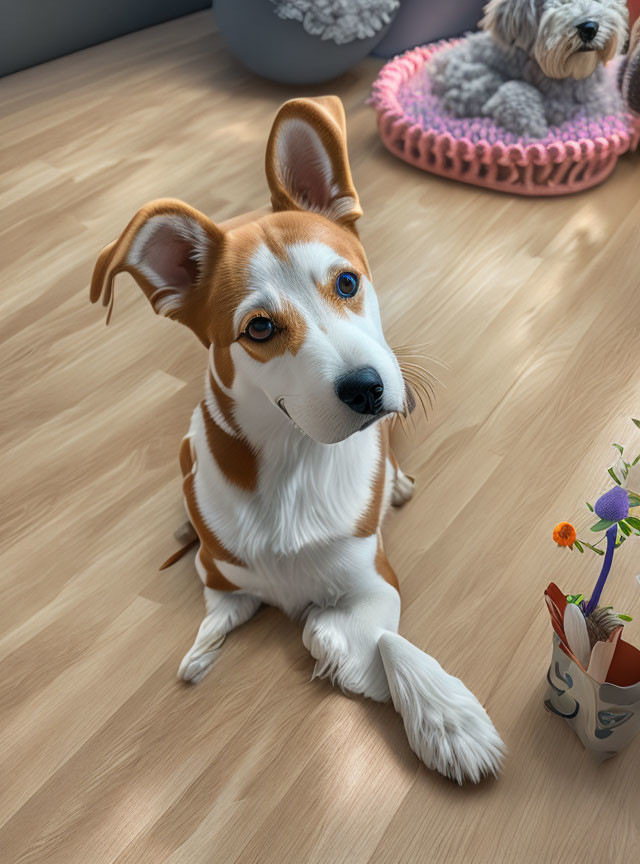 Brown and White Dog Sitting on Wooden Floor with Dog Bed and Potted Plant in Sunlit Room