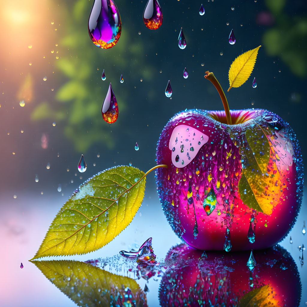 Colorful digital artwork: Red apple with water droplets and light effects