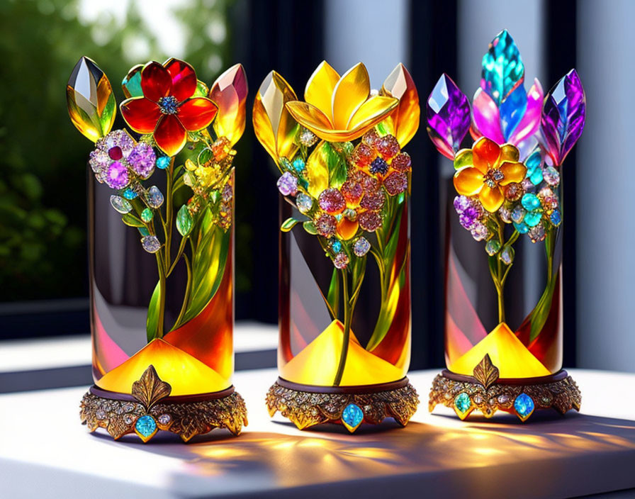 Colorful Glass Vases with Floral and Jewel Designs in Sunlight