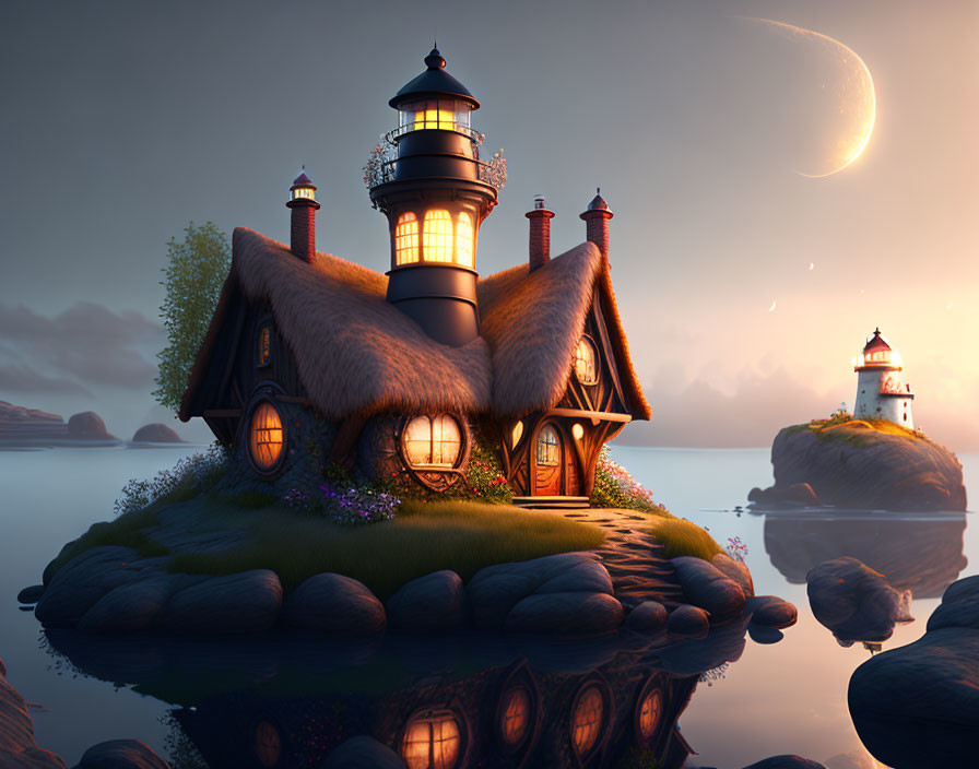 Thatched roof lighthouse on serene island at twilight