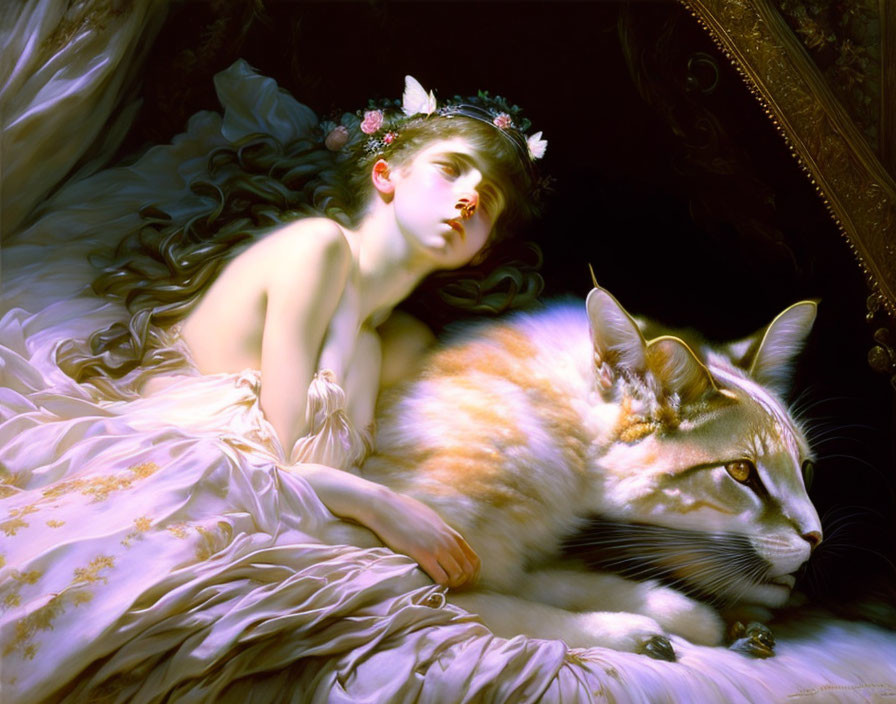 Woman on Bed with Cat and Flower Wreath