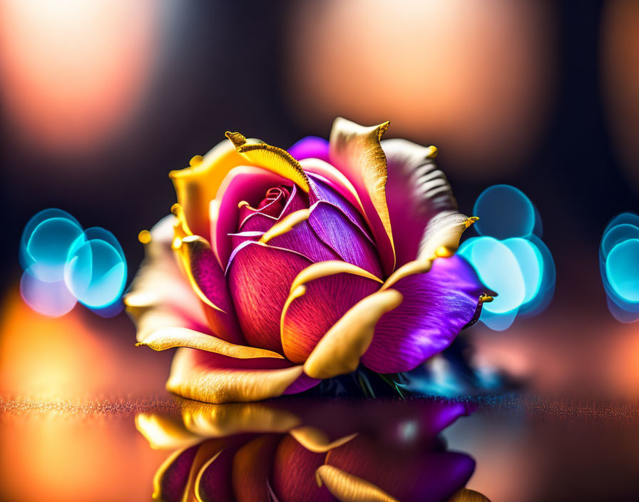 Bi-Colored Rose: Purple and Yellow Petals Reflected on Shiny Surface