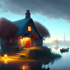 Tranquil lakeside cottage with lit chimney at dusk