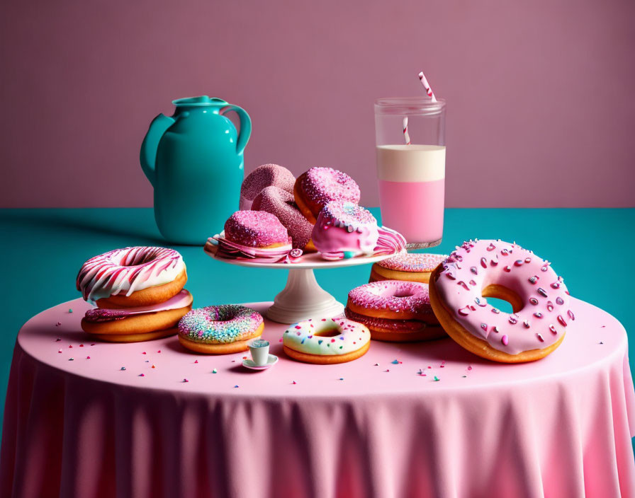 Pink and White Frosted Donuts with Sprinkles on Pink Table