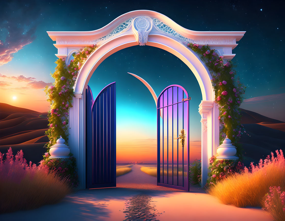 Ornate archway with greenery opens to dusk landscape with rolling hills