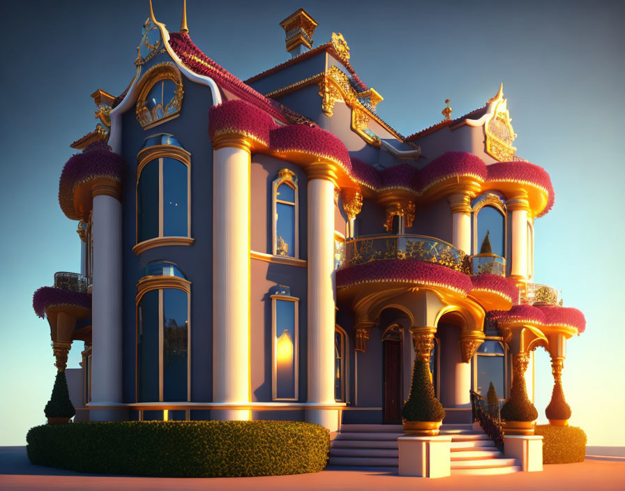 Whimsical 3D-rendered mansion with blue walls and pink roof against sunset sky