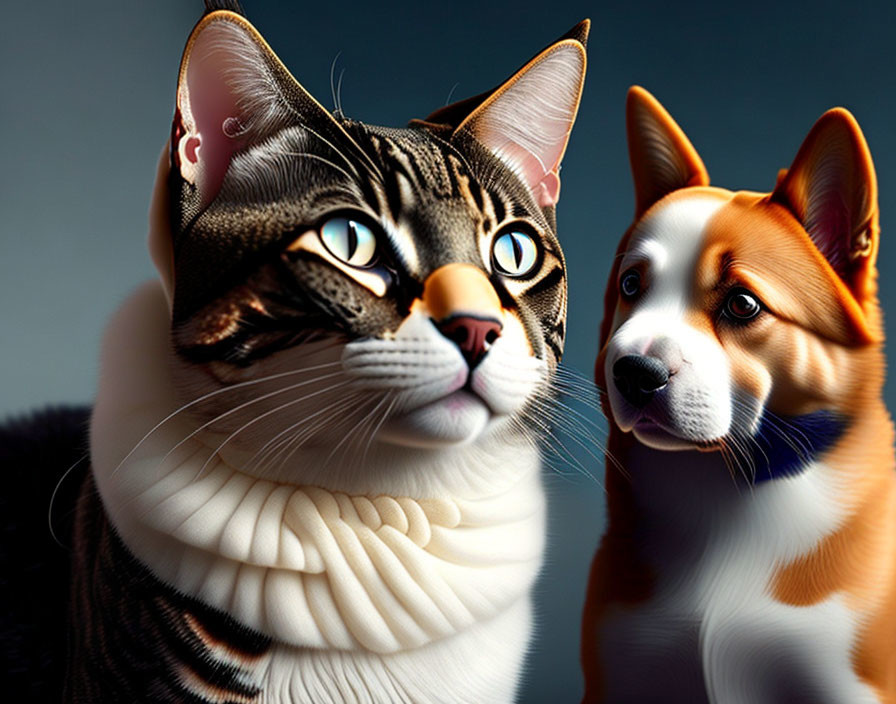 Detailed Tabby Cat and Corgi Dog Illustration with Vibrant Colors