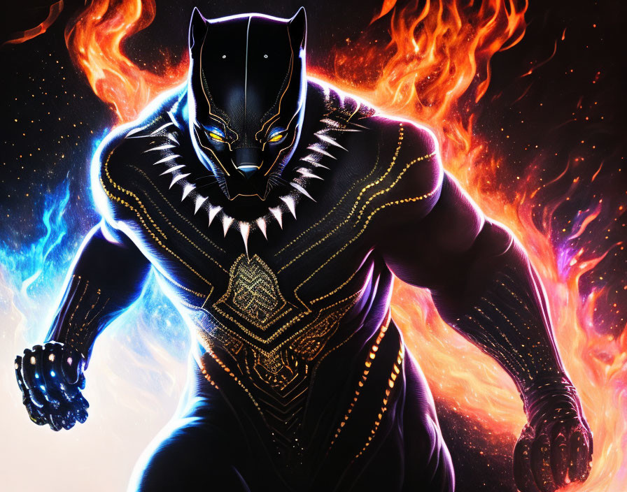 Black Panther illustration: glowing suit, flames, cosmic energy