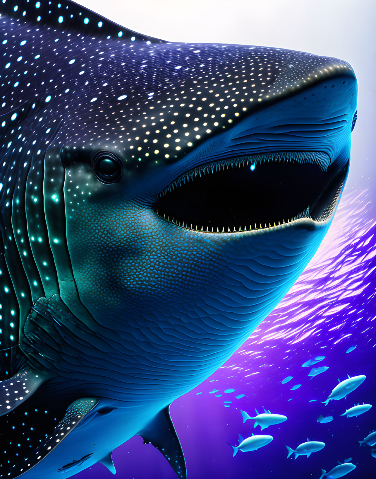 Stylized whale shark with vibrant blue color and glowing spots in deep-sea setting