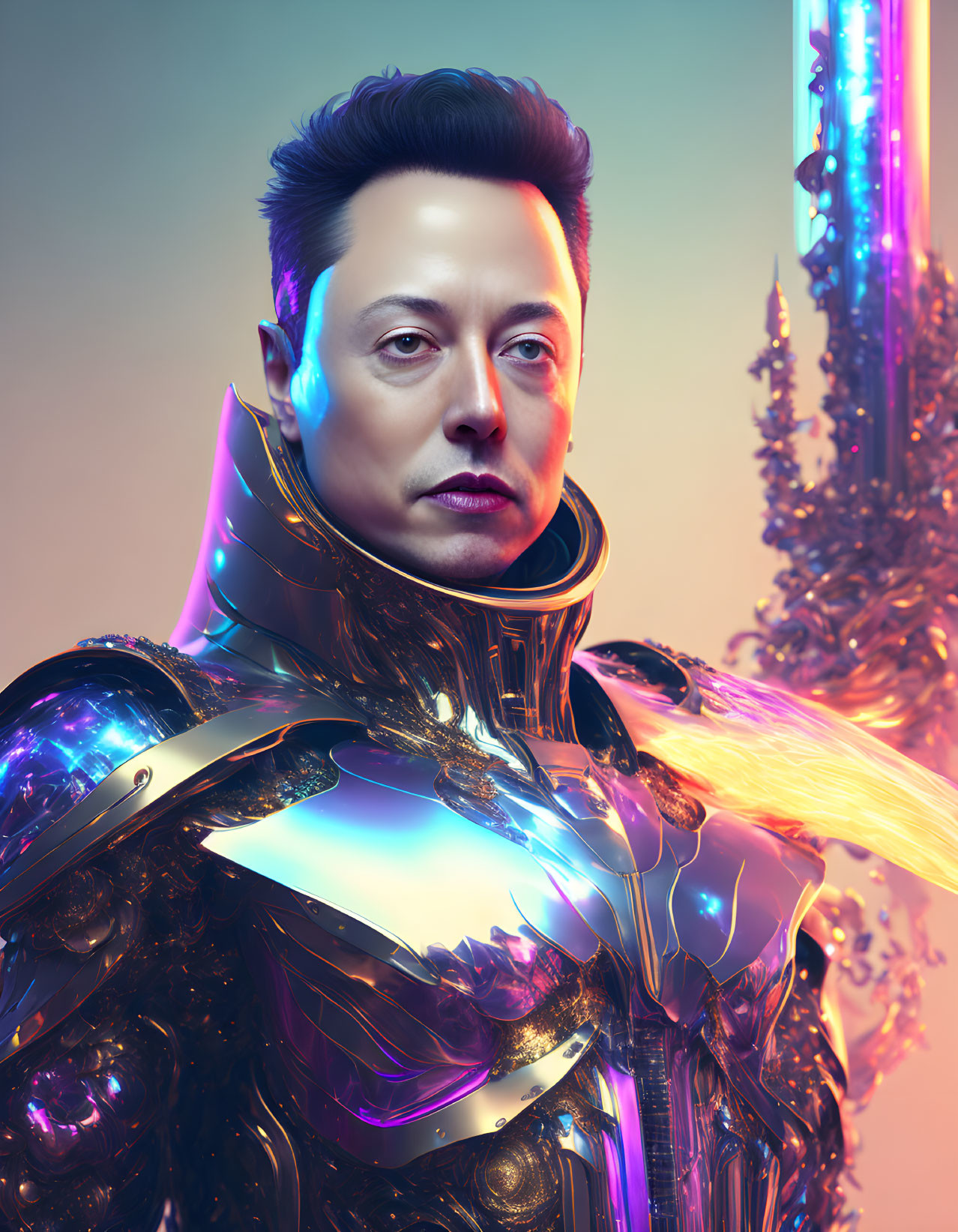 Digitally altered image of person in futuristic armor with neon accents