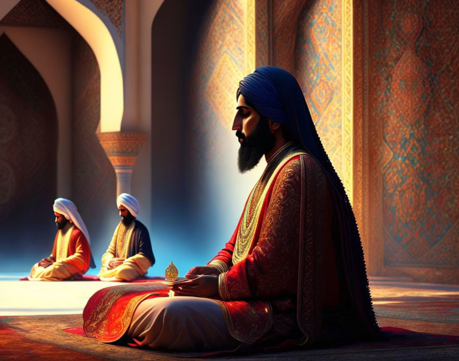 Illustration of Sikh individuals meditating in ornate hall