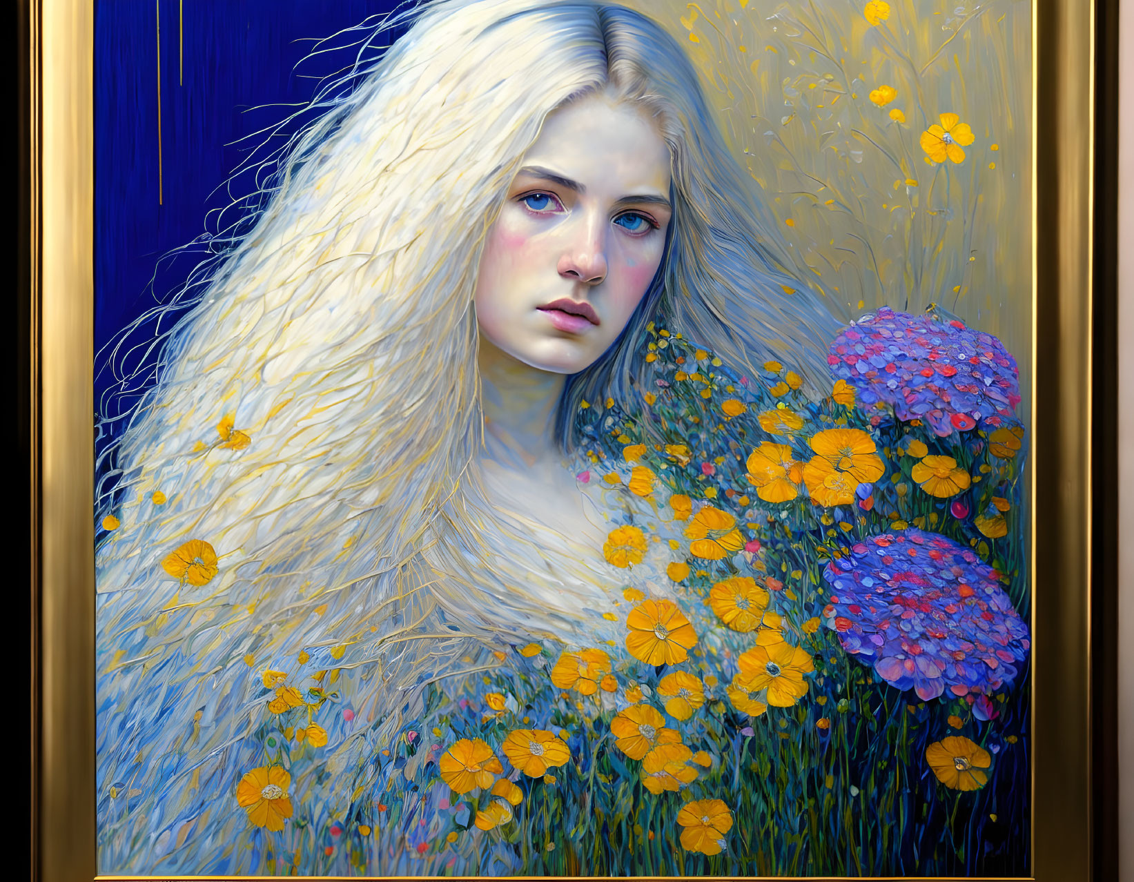 Portrait of Woman with Pale Skin and Blonde Hair Among Blue and Yellow Flowers