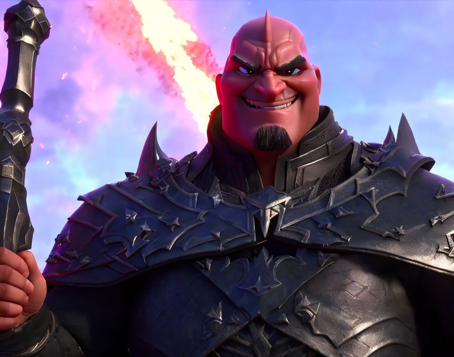 Animated character in spiked armor with mace under purple sky