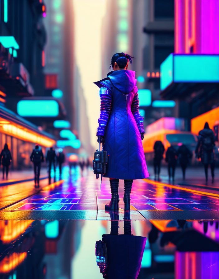 Futuristic cityscape at night with neon lights and reflective surface