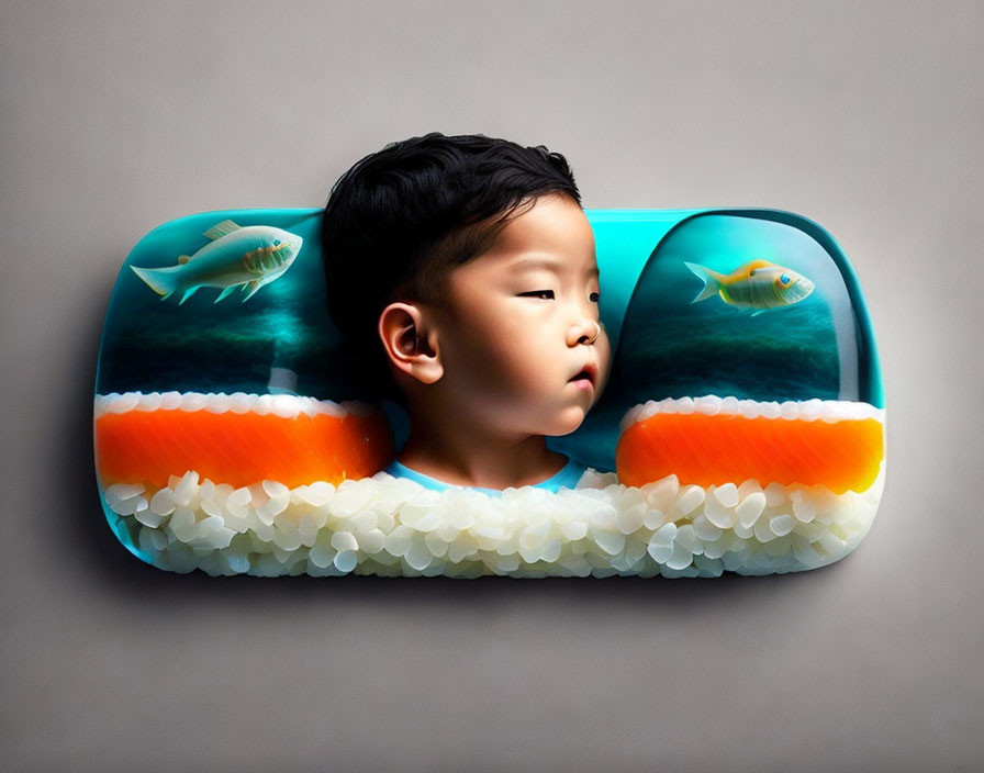 Child's profile merges with sushi in fish-themed photo manipulation