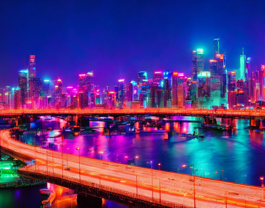 Night cityscape with illuminated skyscrapers, highway, and river reflections. Neon lights create vibrant colors