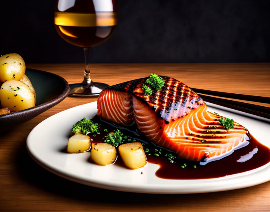 Seared salmon with glaze, herbs, potatoes, and whiskey on wooden table