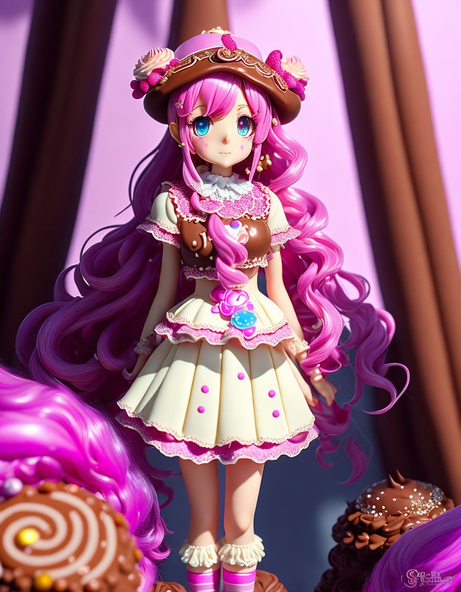 Anime-style girl with pink hair and blue eyes in candy-themed dress against dessert backdrop