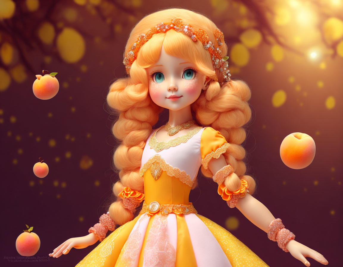 3D-rendered doll-like girl with golden curls in peach dress among floating peaches