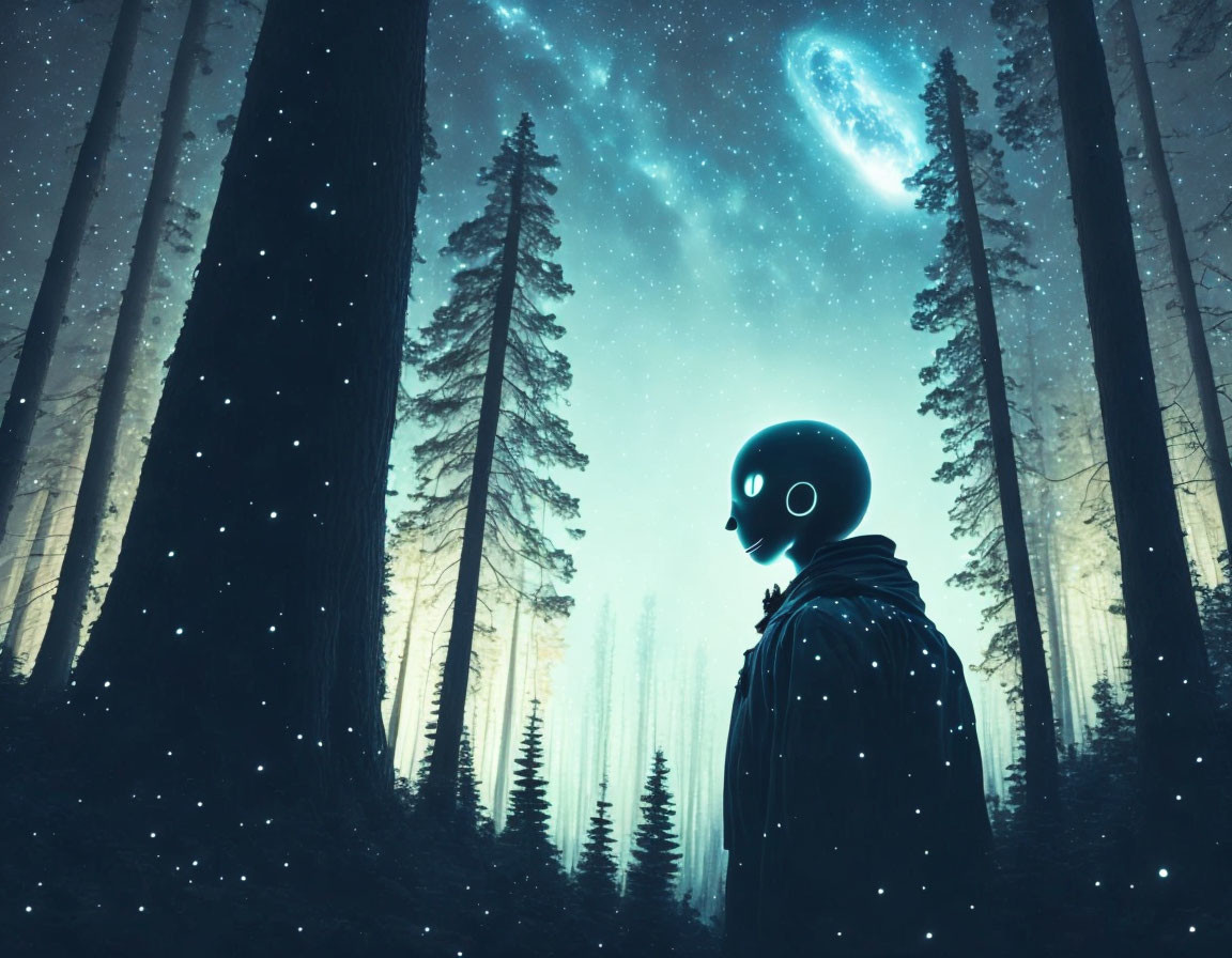 Silhouetted figure with oversized head in surreal starlit forest