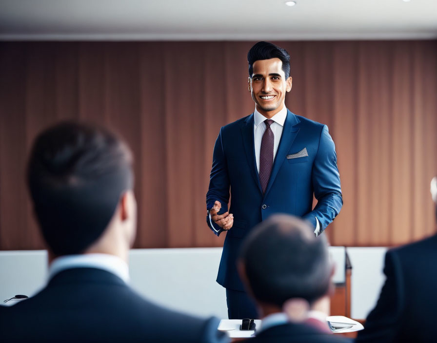 Confident man in blue suit presenting at professional meeting