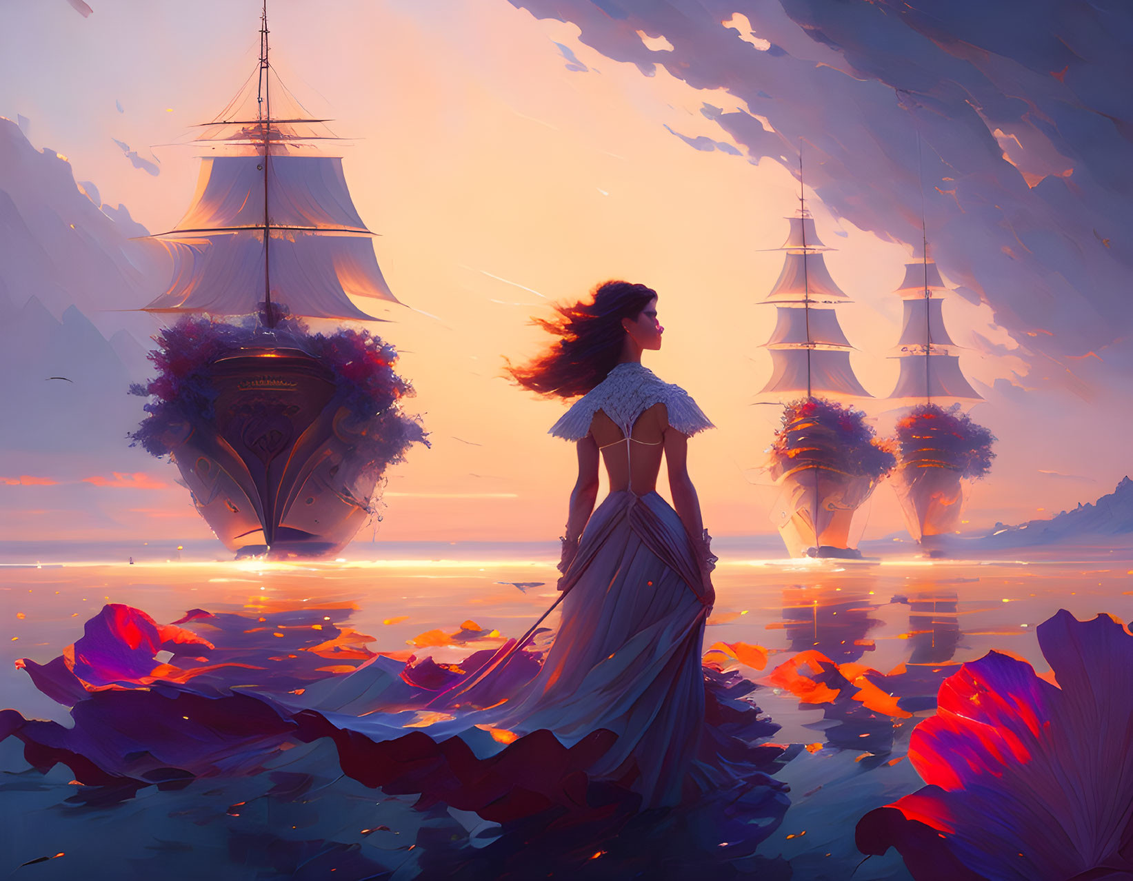 Woman in flowing dress by serene lake with floating flowers, surreal ships with lush gardens, purple sky