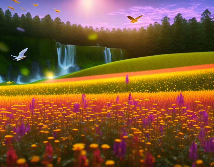 Colorful landscape with flowers, waterfalls, birds, and sunset