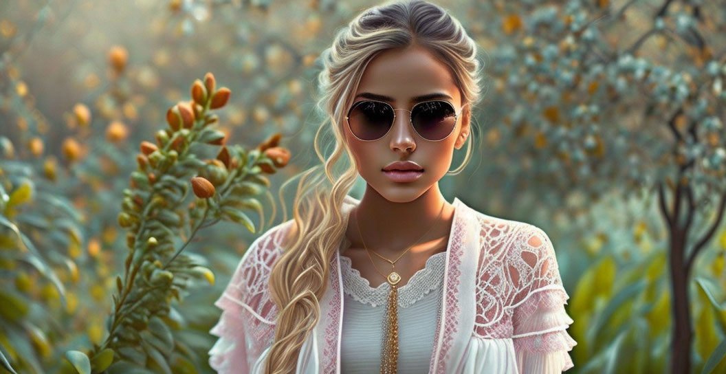 Blond woman in sunglasses surrounded by greenery and orange fruits.